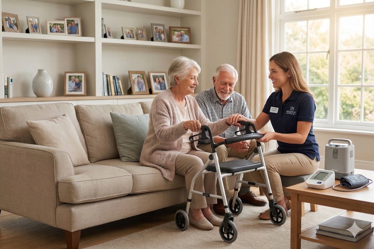 JH Medical Supply specialist helping an elderly couple choose a rollator walker in their home